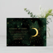 Celestial Midnight Groen Goud Sterren Bruiloft Folie Uitnodiging (Staand Voorkant)