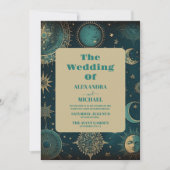 Celestial Midnight Groen Goud Sterren Bruiloft Kaart (Voorkant)