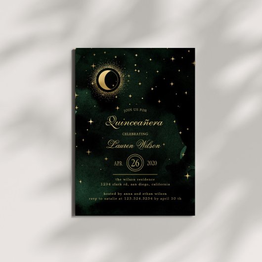 Celestial Midnight Groen Gouden Sterren Quinceaner Kaart