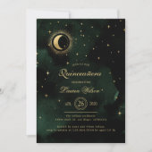 Celestial Midnight Groen Gouden Sterren Quinceaner Kaart (Voorkant)