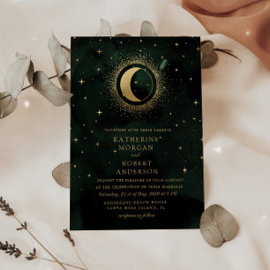 Celestial Midnight Groene Sterren Maan Bruiloft Kaart