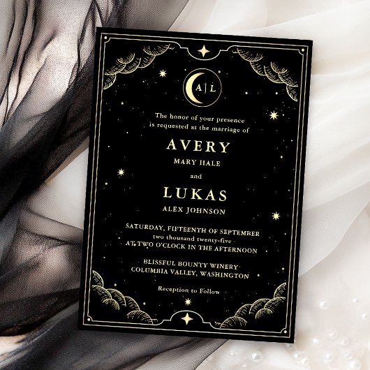 Celestial Midnight Sky Black Gold Wedding Kaart