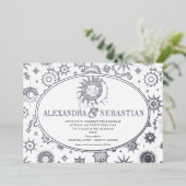 Celestial Midnight Sterren Maan Zon Bruiloft Zilve Folie Uitnodiging (Staand Voorkant)