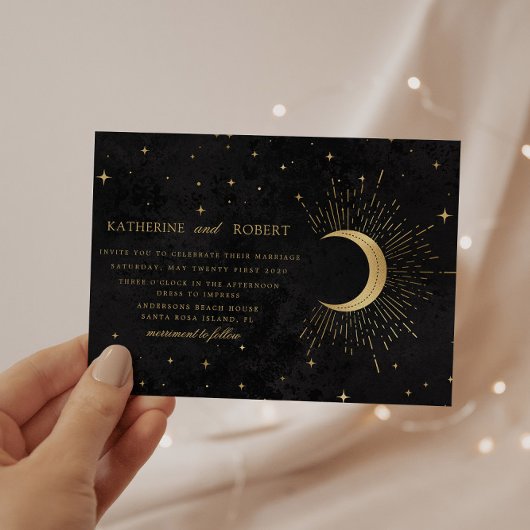 Celestial Midnight Zwart Goud Sterren Bruiloft Kaart