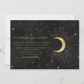Celestial Midnight Zwart Goud Sterren Bruiloft Kaart (Voorkant)