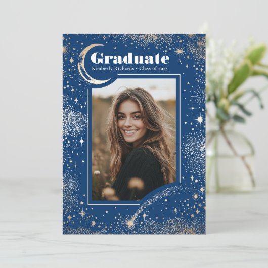 Celestial Modern Blue Afstuderen Foto Afstuderen Aankondiging (Staand voorkant)