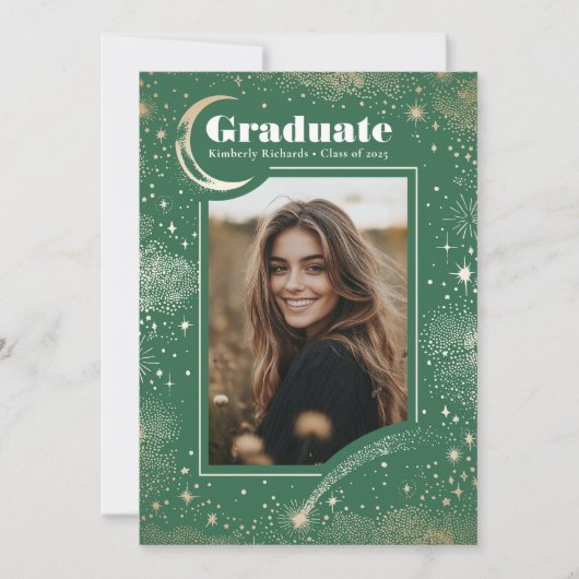 Celestial Modern Green Afstuderen Foto Afstuderen Aankondiging (Voorkant)