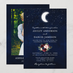 Celestial Moon and Stars Floral Photo Wedding Kaart