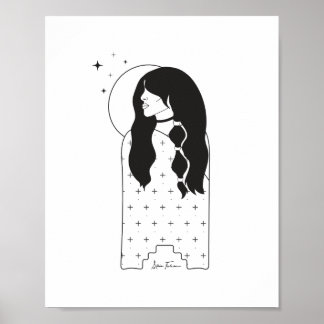 Celestial Moon Maiden Black en White Print