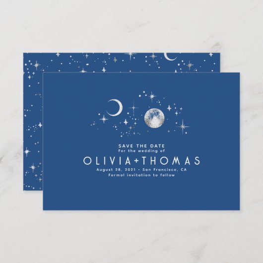 Celestial Moon Navy Blue Opslaan van de datum Save The Date (Voorkant / Achterkant)