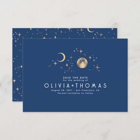 Celestial Moon Navy Blue Opslaan van de datum Save The Date (Voorkant / Achterkant)
