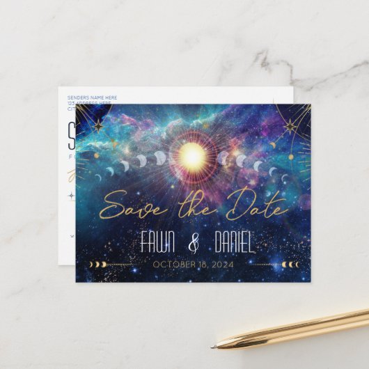 Celestial Moon Phase Save the Date Briefkaart (Voorkant / Achterkant in situ)