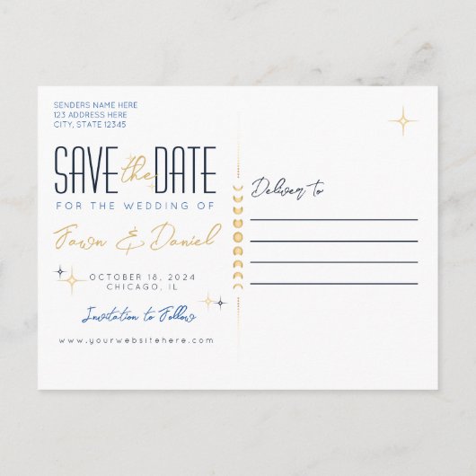 Celestial Moon Phase Save the Date Briefkaart (Achterkant)