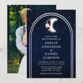 Celestial Moon Stars Arch Floral Photo Weddenschap Kaart