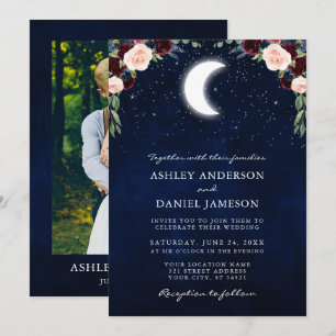 Celestial Moon Stars Burgundy Floral Photo Wedding Kaart