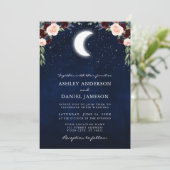 Celestial Moon Stars Burgundy Floral Wedding Kaart (Staand voorkant)