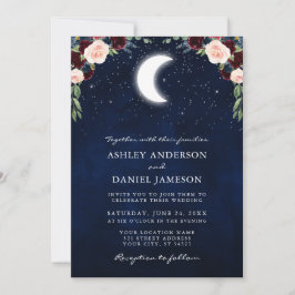 Celestial Moon Stars Burgundy Floral Wedding Kaart