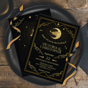 Celestial Moon & Stars Faux Gold Wedding Kaart