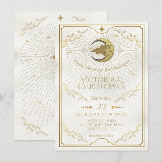 Celestial Moon & Stars Faux Gold Wedding Kaart (Voorkant / Achterkant)