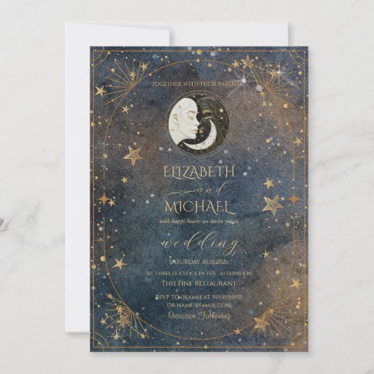 Celestial Moon Sun Frame Dark Galaxy Wedding Kaart (Voorkant)