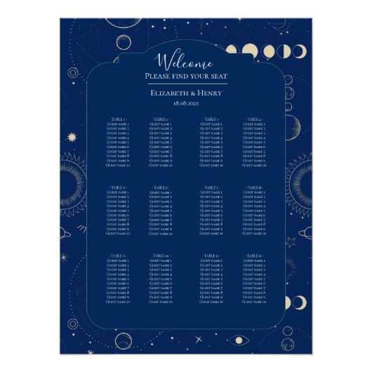Celestial moon sun stars navy wedding seating plan perfect poster (Voorkant)