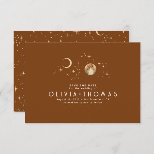 Celestial Moon Terracotta Save the Date (Voorkant / Achterkant)
