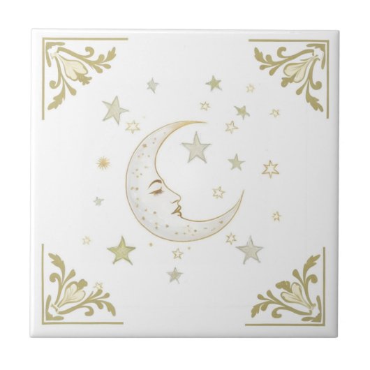 Celestial Moon with Face & Stars Gold White Delft Tegeltje (Voorkant)