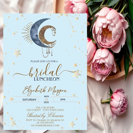 Celestial Moons,Stars Light Blue Bridal Luncheon  Kaart