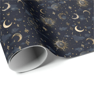 Celestial Moons & Stars Wrapping Paper Gold/Navy Cadeaupapier