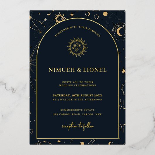 Celestial Mystical Elements Starsign Wedding Folie Uitnodiging (Voorkant)