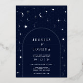 Celestial Navy Arch Lijst Star Moon Silver Folie Uitnodiging (Voorkant)