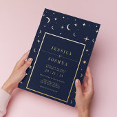 Celestial Navy Blue Star Moon Golden Folie Folie Uitnodiging