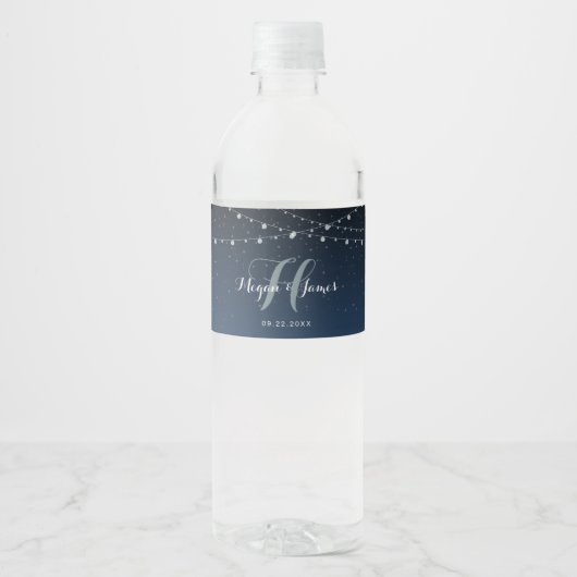 Celestial Navy Blue Sterrennacht Wedding Monogram Waterfles Etiket (Voorkant)