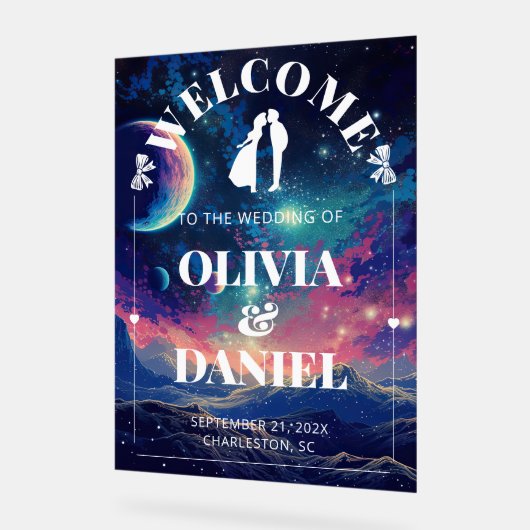 Celestial Night Sky Wedding Welcome Acrylic Sign (Angle)