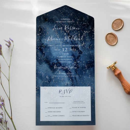 Celestial Night Sky | Zilverzegel en verzend All In One Uitnodiging