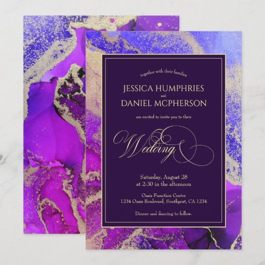 Celestial Paars Gold Moody Wedding Invitation Kaart (Voorkant / Achterkant)
