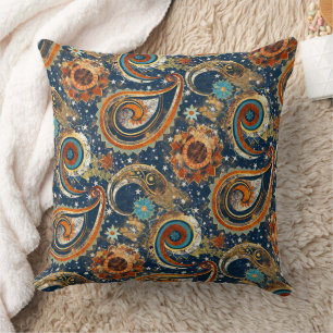 Celestial Paisley Pattern Navy Blauw & Goud Vintag Kussen