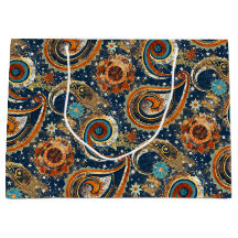 Celestial Paisley Pattern Navy blauw, Sinaasappel,