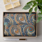 Celestial Paisley Pattern Navy blauw, Sinaasappel, Tissuepapier (Geschenk)