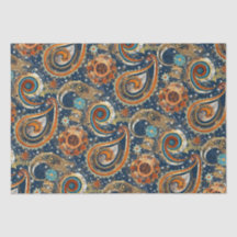 Celestial Paisley Pattern Navy blauw, Sinaasappel,