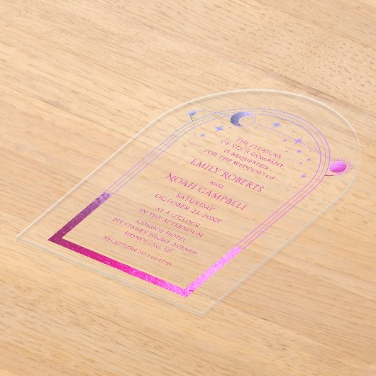 Celestial Pink Sun Moon Stars Galaxy Space Acryl Uitnodigingen (Laagn)