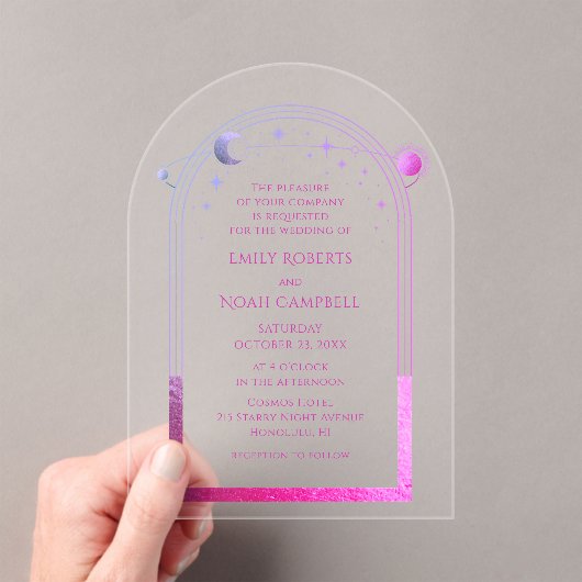 Celestial Pink Sun Moon Stars Galaxy Space Acryl Uitnodigingen (Insitu (Draagbaar))