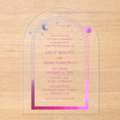 Celestial Pink Sun Moon Stars Galaxy Space Acryl Uitnodigingen (Voorkant)