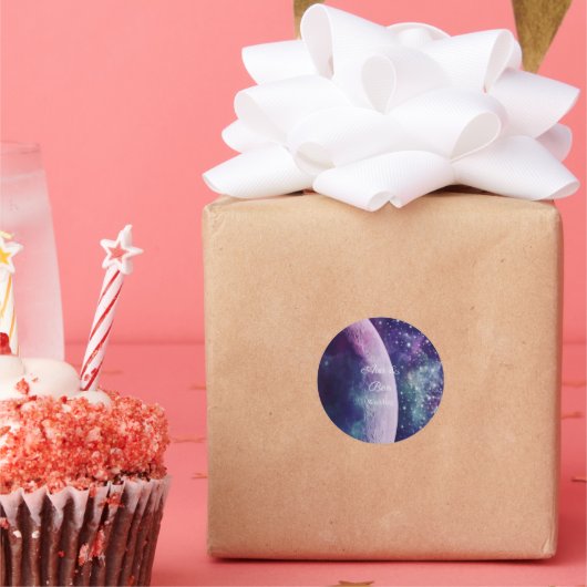 Celestial Purple Galaxy Moon Wedding  Ronde Sticker (Feest)