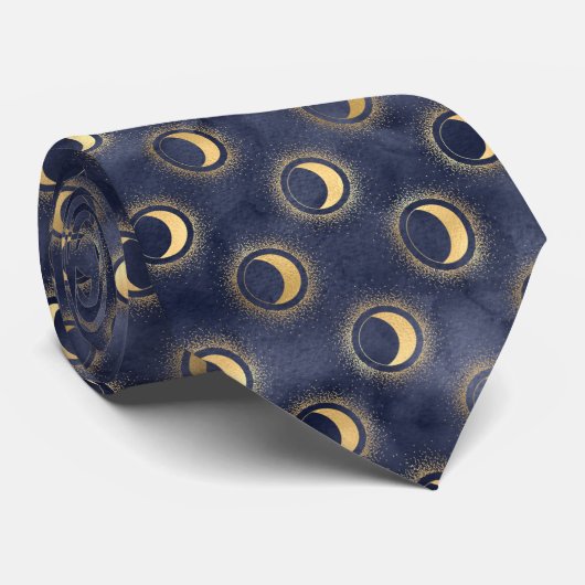 Celestial Quarted Moon en sterren op Navy Night Sk Stropdas (Opgerold)