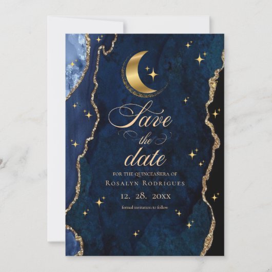 Celestial Quinceanera Stars and Moon Blue Save The Date (Voorkant)