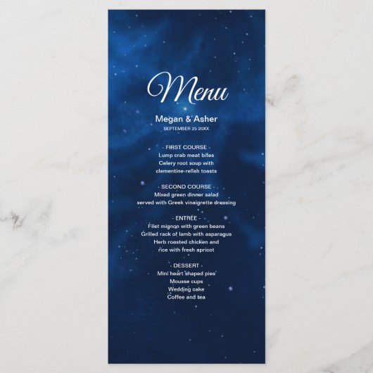 Celestial Romantic Blue Galaxy Night Sky Menu (Voorkant)