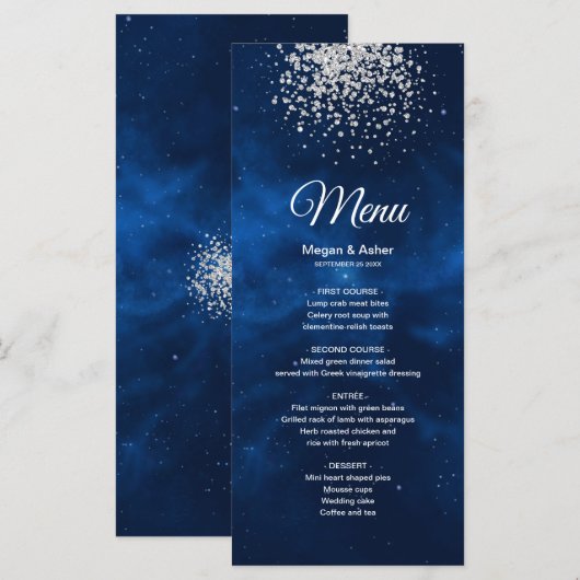 Celestial Romantic Blue Universe Silv Glitter Menu (Voorkant / Achterkant)