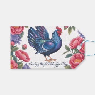 Celestial Rooster Greeting with Floral Border Cadeaulabel