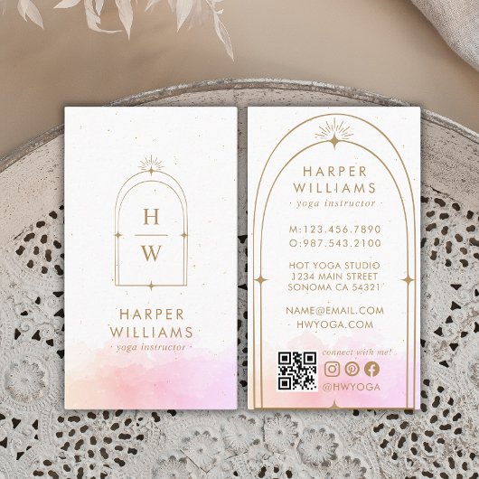 Celestial Roze Monogram Yoga Instructeur QR Code Visitekaartje